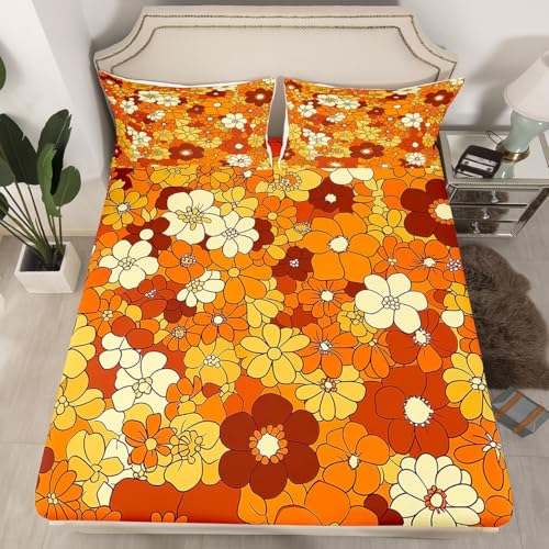 Boho Floral Bed Sheets Set King Retro Groovy Flowers Sheet Set 60S 70S Hippie Flower Power Bedding Set For Kids Girls Women Groovy Natural Garden Botanical Fitted Sheet Orange Brown Flat Sheet 4 Pcs Erosebridal
