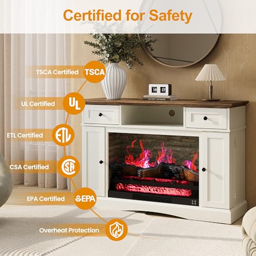 RoyalCraft TV Stand with 28'' Fireplace for TVs up to 55'', Media Console Table with Adjustable Shelves, Double-Door Design, Entertainment Center for Living Room, Bedroom, White RoyalCraft