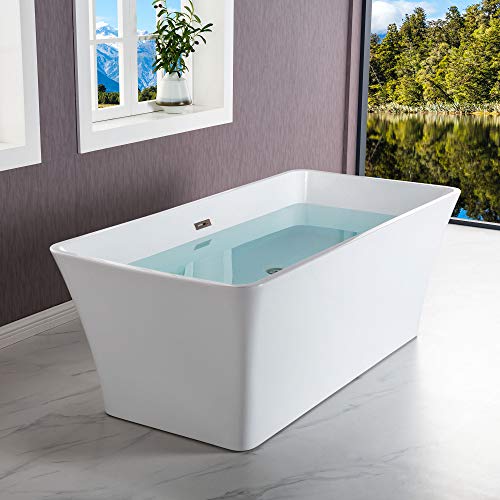 WOODBRIDGE 59" Acrylic Freestanding Bathtub Contemporary Soaking White Tub with Brushed Nickel Overflow and Drain,BTA1509 -B/N-Drain &O WOODBRIDGE
