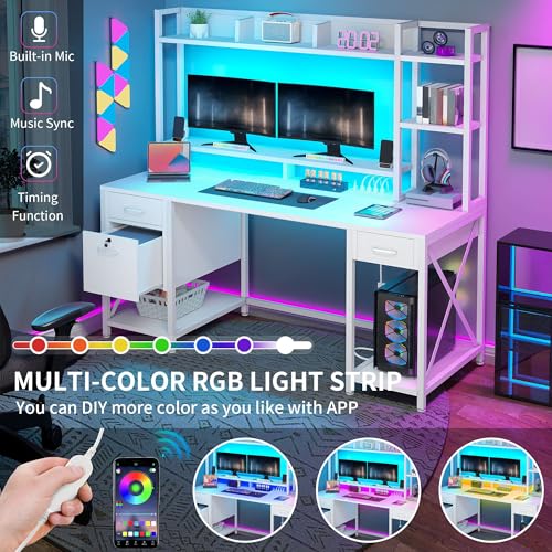 DWVO Computer Desk with Drawers & Hutch, 59.1" Office Desk with Power Outlets & LED Lights, Home Office Desk with Storage Shelves, White DWVO