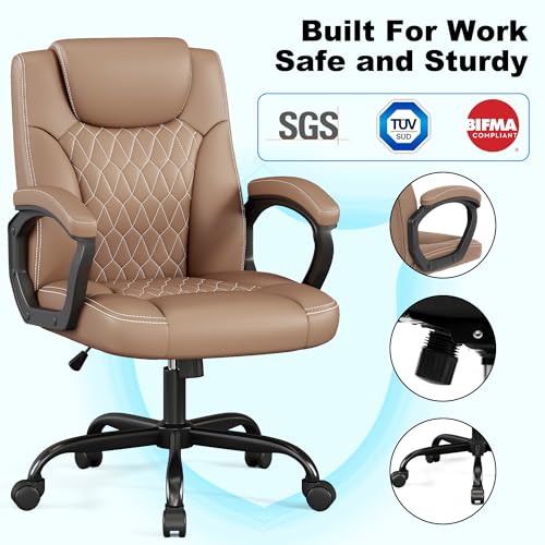 Misolant Office Chair, Executive Desk Chair, PU Leather Comfortable Ergonomic Chairs with Fixed Armrest, Adjustable Height, Rocking Function, 360° Swivel Wheels, Brown Misolant