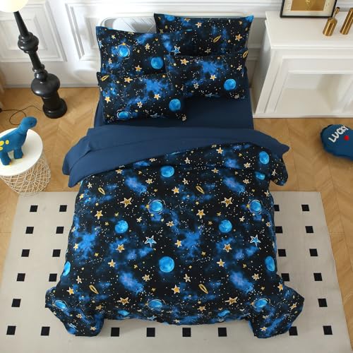 Aqzuxira Glow in The Dark Kids Comforter Set, 7 Pieces Blue Space Bedding Set Full Size for Boys Girls Teen, 1 Comforter, 2 Pillowcases, 2 Pillow Shams, 1 Flat Sheet, 1 Fitted Sheet Aqzuxira