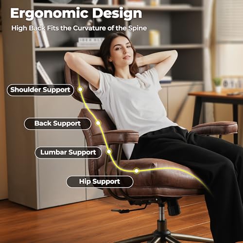 ovios Ergonomic Office Chair, High Back Faux Leather Executive Chairs with Thick Cushion, Comfy Mid-Century Modern Swivel Rolling Computer Armchair (Dark Brown, Suede Leather) ovios