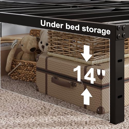 Upcanso 16 Inch Bed Frame Queen Size with Fabric Cover, Metal Platform Queen Bed Frame with Storage No Box Spring Needed, Heavy Duty Non-Slip, Easy Assembly Mattress Foundation Upcanso