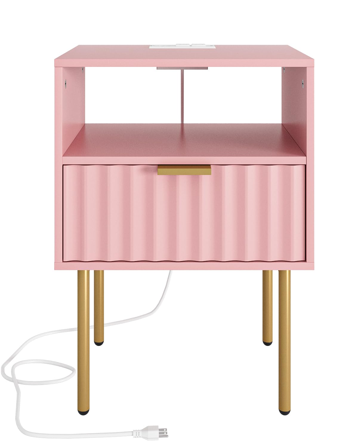 Aienvey Night Stand with Charging Station, Fluted Bedside Table with Gold Frame, Side Table with Drawer and Shelf for Bedroom, Living Room, Pink Aienvey