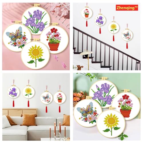 Zhenqing 4-Pack Floral Cross Stitch Kits – 11CT 20x20cm Aida Cloth with Iris, Sunflower & Butterfly Designs – Vibrant Home Decor Embroidery Set(68157)