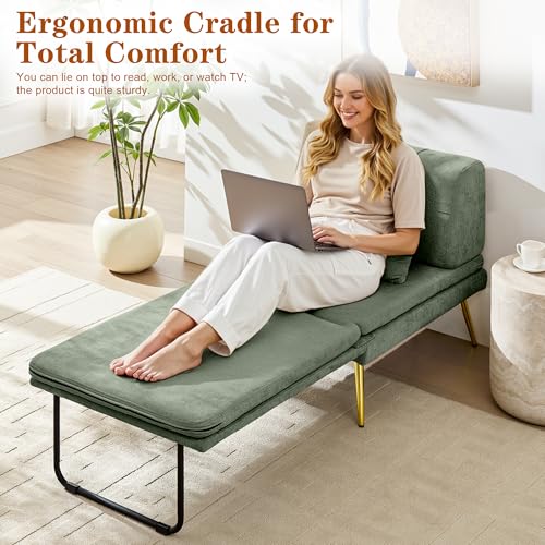 wanan Convertible Sofa Bed, 3-in-1 Futon Sleeper Chair with Back Support & Pillow, Chenille Fabric Single Daybed with Solid Wood Frame & Sturdy Metal Legs, for Living Room Bedroom, Vintage Green wanan
