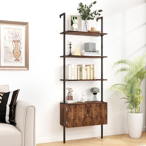 CAMOAT 70" Tall Bookshelf with Cabinet,Wall Mounted Bookcase with Shelves & Storage,Blanket Ladder&Bathroom Wall Shelf,Open Industrial Shelf,4-Tier Display Rack for Living Room,Bedroom,Home Office CAMOAT