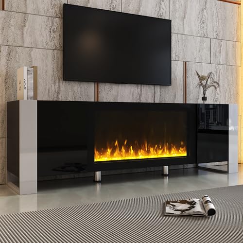 Modern TV Stand with 34.2" Non-Heating Electric Fireplace, High Gloss Entertainment Center with 2 Cabinets, Media Console for TVs up to 78" QSOSTNS