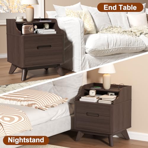 SOLACE FURNITURE Nightstand with Charging Station, 21" Tall Nightstand w/2 Storage Drawers, Wood Night Stand with Hidden Handle, 17'' Wide Modern Bedside Table for Bedroom, Brown SOLACE FURNITURE