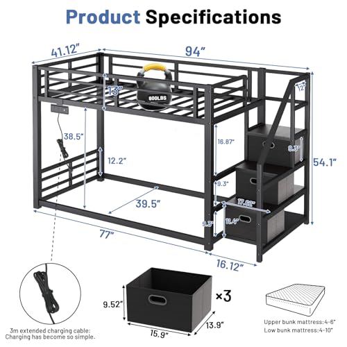 Twin Over Twin Metal Bunk Bed with Storage Stairs, Drawers & Shelves, Power Outlet and RGB LED Lights,Low Profile Kids Bunk Bed Frame with Safety Guardrails & Metal Slats,No Box Spring Needed (Black) HKOLIE