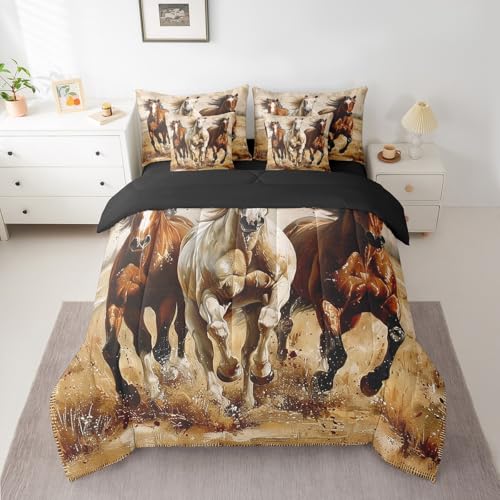 Erosebridal Horse 7 Piece Comforter King Size for Kids Boys Western Cowboy Horse Sheet Set Bed in A Bag 3D Printed Wildlife Wild West Country Rustic Cabin Desert Bed Set Erosebridal