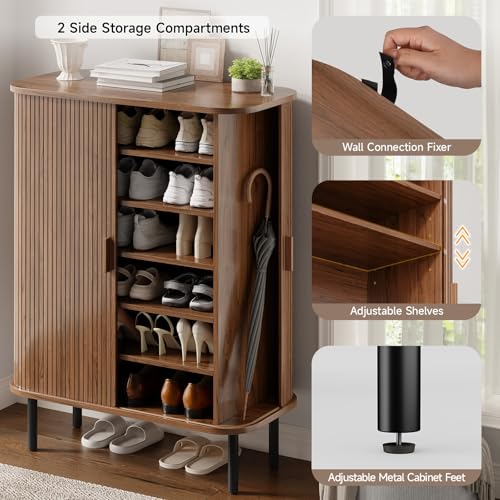 ONBRILL 6-Tier Shoe Cabinet with Sliding Door, Wooden Shoe Storage Cabinet with Adjustable Shelves, Mid-Century Modern Freestanding Shoe Storage Organizer for Entryway, Hallway, Living Room, Walnut ONBRILL