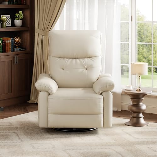 Garvee Power Recliner Chair with 270° Swivel and Rocking, Electric Glider Nursery Chair with USB Charging Port, PU Leather Upholstery and Button Tufted Backrest for Living Room, Cream