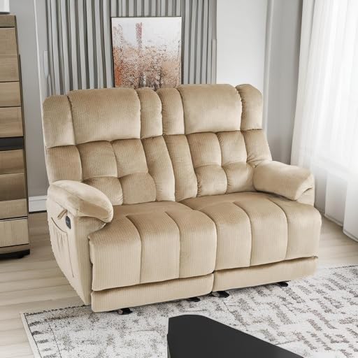 MCombo 58.7" Zero Gravity Power Loveseat Recliner with Heat and Vibration Massage, Reclining Loveseat Sofa with USB Ports for Living Room, Fabric 6237 (Beige) MCombo