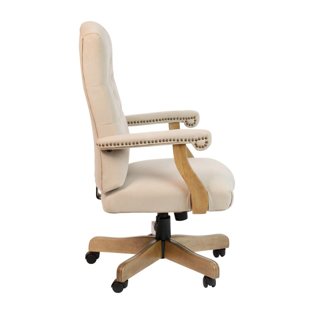 Flash Furniture Derrick Traditional Microfiber Tufted Swivel Office Chair with Wood Base, Ergonomic Farmhouse High-Back Desk Chair, Ivory/Brown Flash Furniture