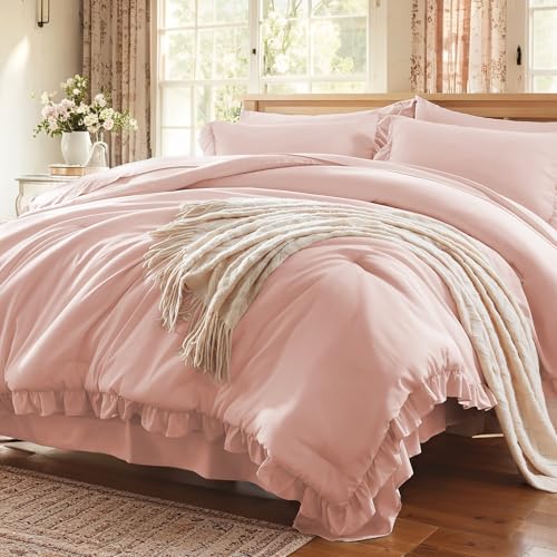 Anluoer Full Comforter Set 7 Piece, Pink Bed in a Bag with Shams, All Season Ruffle Shabby Chic Bedding Sets with 1 Comforter, 2 Pillow Shams, 2 Pillowcases, 1 Flat Sheet Anluoer