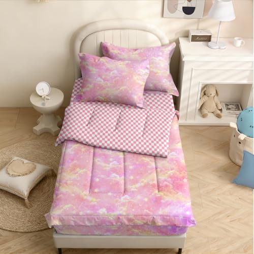 Yadangxiawa Kids Comforter Set,Zipper Bedding Twin for Girls,Pink Cloud Printed Comforter Set with Pink Checkerboard Fitted Sheets and Pillowcases for All Season(Cloud Twin) Yadangxiawa