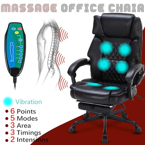 Massage Office Chair with Foot Rest 6 Points Vibration and Heat Home Office Desk Chairs for Heavy People 400lbs Reclining Managerial Chairs Ergonomic Executive Chair (Black) HESL