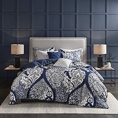 Madison Park Vienna Cotton Poly Blend Duvet Set - Classic Traditional Design, Cozy All Season Comforter Cover, Matching Shams, Decorative Pillows Vienna, King/Cal King(104"x92"), Indigo 6 Piece Madison Park