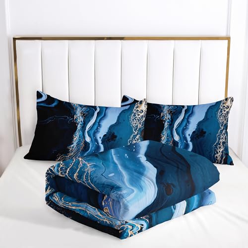 Nttopship Blue Marble Comforter Set Queen Size Deep Blue Marble Bedding Set Soft Microfiber Minimalist Wind Comforter Sets 3 Pieces with 2 Pillowcases Nttopship