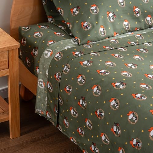 Berkshire Blanket Peanuts® Kids Sheet Set Queen Size - 4 Pieces,Cute Character Snoopy Printed Soft Microfiber Bed Sheets,Snoopy Giddy Up Cowboy Sheets Moss Berkshire Blanket