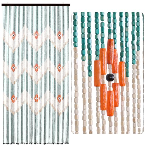BECHAEO Beaded Curtain for Doorway Handmade Bamboo Wooden Door Beads Hanging Room Divider Hippie Curtain for Hallway Window Boho Rustic Home Store Decor, 35.5 x 75 Inches Green BECHAEO