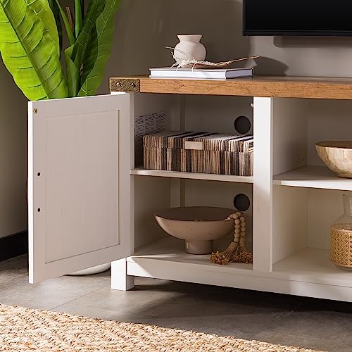 Walker Edison Larae Modern Farmhouse Two-Tone Barn Door Stand for TVs up to 65 Inches, Without Fireplace, Rustic Oak/White Walker Edison