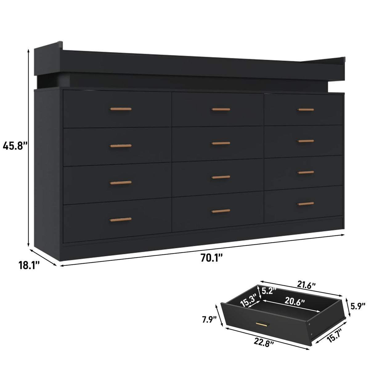 jiteentarou 12 Drawer Dresser with Charging Station and LED Lights, Modern Chest of Drawers with Power Outlet, Organizer Cabinet for Bedroom, Living Room, Entryway, Black jiteentarou