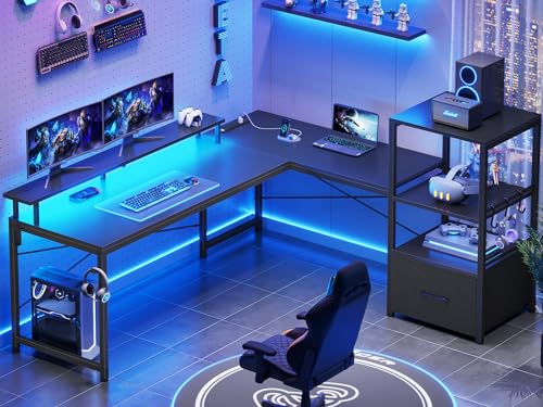 SEDETA L Shaped Gaming Desk, 51" Computer Desk with Storage Shelves, Gamer Desk with Power Outlets & LED Lights, Fabric Drawer, Monitor Stand and Hooks, Black SEDETA