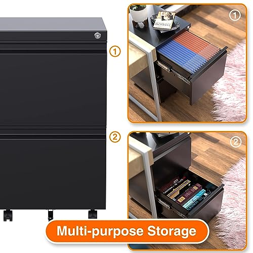 Aobabo Metal 2 Drawer Mobile File Cabinet with Lock, Under Desk Office Steel Filing Cabinet, 25.6''H Legal/Letter Size Files Storage Cabinet,Black,Fully Assembled Aobabo