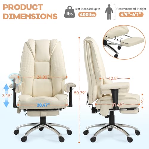 Mvpipi Massage & Heated Office Chair with Foot Rest, Ergonomic Executive Office Chair with Reclining Backrest, Adjustable Arms and Lumbar Support, High Back Leather Desk Chairs for Home Office, Beige Mvpipi