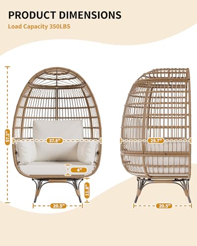 GarveeLife Oversize 360°Swivel Egg Chair Patio Rotating Rattan Egg Basket Lounge Chair, Wicker Egg-Shaped Chair w/Steel Frame Stand and 4 Cushions for Patio, Porch, Backyard, Living Room, Beige GarveeLife