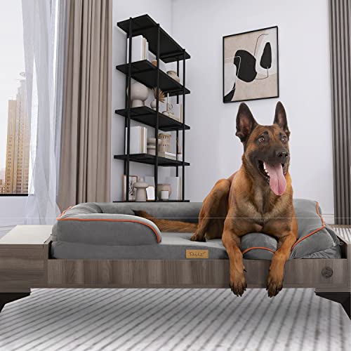 TailZzz Wooden Dog Bed with Mattress, Large to Extra Large Water-Resistant Elevated Pet Bed, Wooden Pet Bed with Storage, Greenguard Gold Certified, Machine Washable, Smokey Grey, Wyatt TailZzz