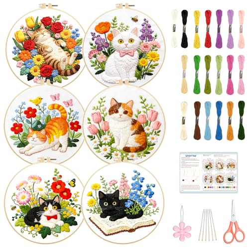 BEUNITONE 6 Set Varieties Cat and Flowers Embroidery Kit for Adults Beginners, Pre-Stamped Pattern Needlepoint Kits with Hoop, Tools, Instruction, Hand Embroidery Kits for Gifts, Fabric and Home Decor