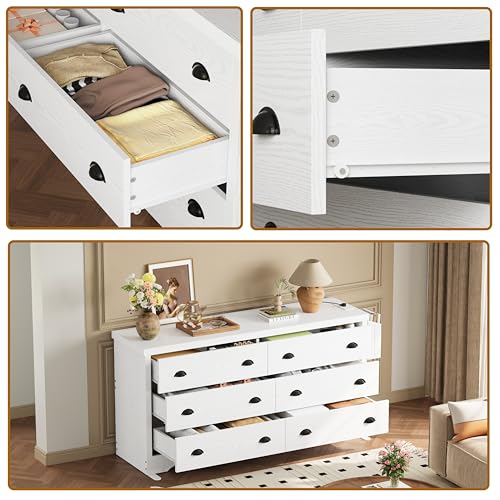 LIKIMIO Dresser for Bedroom 6 Drawer with Charging Station, TV Stand Storage Chest of Drawers for Living Room Hallway Entryway, MDF Board, 59 Inches White LIKIMIO