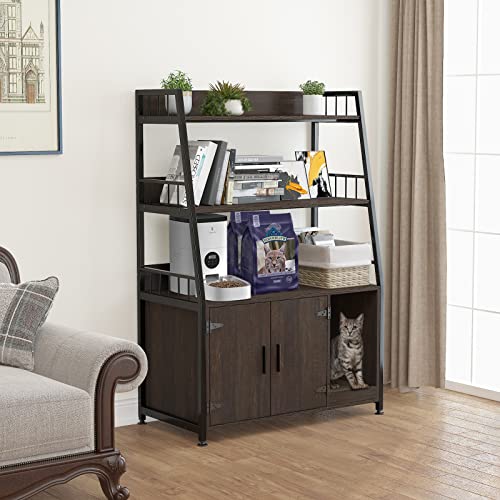 GDLF Large Hidden Cat Litter Box Enclosure Furniture with Shelf Wood Sturdy Cat Washroom Storage with Scratch, Dark Brown GDLF