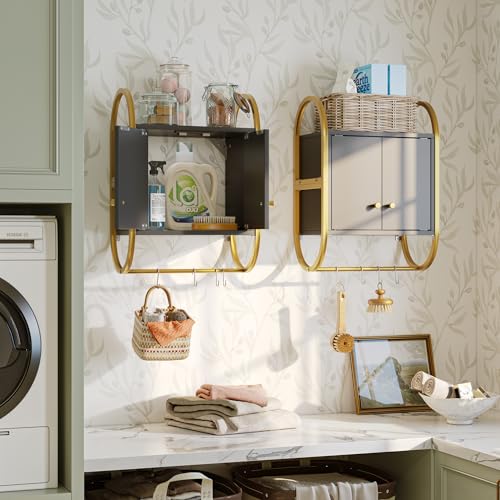 Bestier Floating Shelves for Wall, Bathroom Wall Cabinet with 2 Door and Towel Rack, Wall Shelves for Kitchen, Bedroom, Living Room, Bathroom, Office, Classic Black Bestier