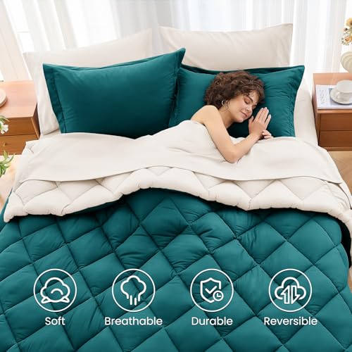 MUXHOMO 7 Pieces Full Comforter Set, Reversible Bed in a Bag Full Size, All Season Bedding Set with Comforter, Flat Sheet, Fitted Sheet, Pillowcases & Shams, Peacock Blue & Ivory MUXHOMO