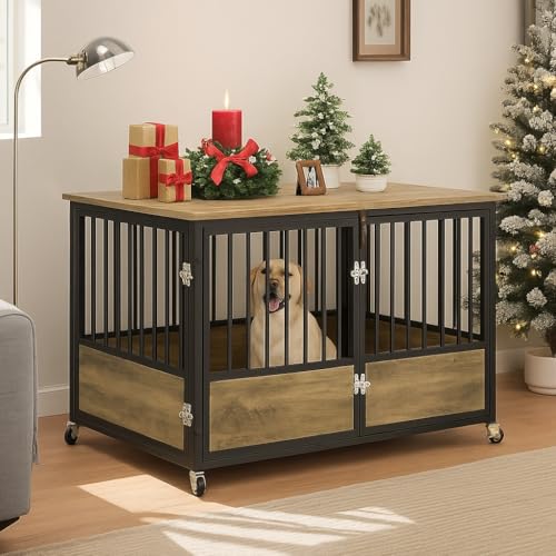 DWVO Dog Crate Furniture with Wheels, 43 Inch Dog Kennel Indoor Furniture End Table Dog Crate for Dogs, Farmhouse Decorative Wooden Dog Cage Table with Double-Doors, Chew-Resistant, Greige DWVO