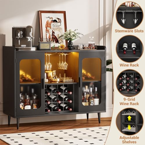 iSunirm Wine Bar Cabinet with Power Outlet, Liquor Cabinet Bar with LED Light and Glass Holder, Home Coffee Bar Cabinet, Buffet Sideboard with Storage Shelf for Kitchen, Dining Room, Black iSunirm