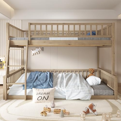 Merax Full XL Over Queen Floor Bunk Bed, Kids Bedroom Brown Wooden Bunk Bed Frame, Convertible to 2 Separated Beds with Trundle, Ladder & Guardrail for Teens, Wood Slat Support, Easy Assembly, Brown Merax