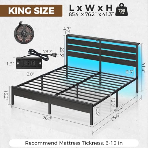 Rolanstar Bed Frame King Size with USB Charging Station, LED Bed Frame with Wood Storage Headboard, Black Metal Platform Bed with Under Bed Storage, No Box Spring Needed, Noise Free Rolanstar