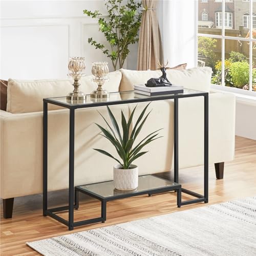 Yaheetech 42 Inch Console Table, Tempered Glass Entryway Table, 2-Tier Sofa Tables with Storage Shelves, Entrance Tables for Hallway Living Room, Black Yaheetech