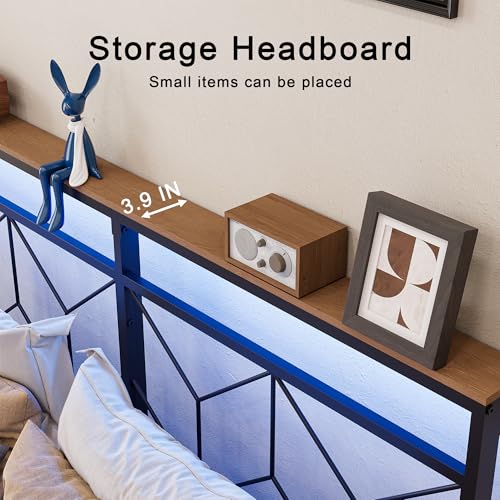 HAUSOURCE Twin Size Floating Bed Frame with Storage Headboard Metal Platform Bed Frame with LED Lights and Charging Station Easy Assembly No Box Spring Needed HAUSOURCE