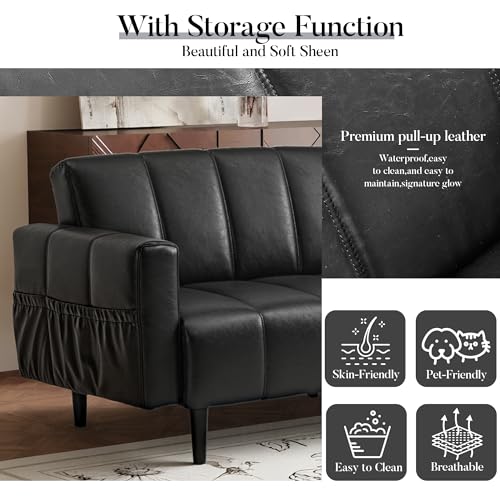 hausway 83”Faux Leather Futon Couch,Mid Century Modern Convertible Leather Sofa with Adjustable Backrest,Storage Pocket,Wooden&Steel Frame for Office,Living Room,Space-Saving,Black hausway