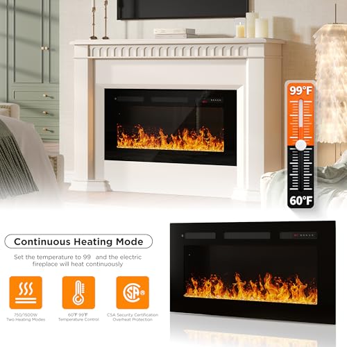 36" Electric Fireplace Insert, Wall Fireplace Electric with Remote Control, 12 Adjustable Flames, Freestanding/Wall Mounted/Recessed, 750/1500W Fireplace Insert, Timer, Ultra-Thin Design Vabches