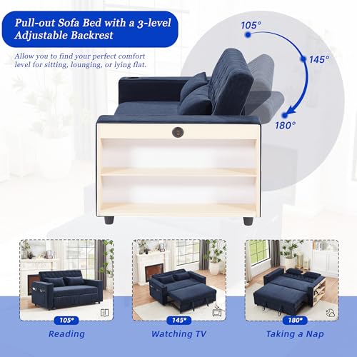 Merax 3 in 1 Convertible Sleeper Sofa Bed with Storage, Futon Couches for Living Room with USB Ports | CupHolder| Reversible Backrest | Pull Out Couch |Small Loveseat,Blue Merax