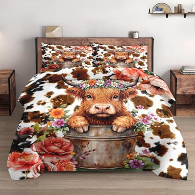 WeCozy Full Size Comforter Set with 2 Pillowcases, Cute Happy Highland Bull 3 Pcs Bedding for Kids and Adults, Flower Cow Print Soft Comforter Set for Bedroom Bed Decor