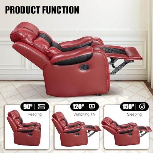 VireoNest Leather Rocker Recliner Chair 350lb Capacity, Tool-Free Assembly, Recliner Chair with Overstuffed Armrest, Manual Reclining Chairs for Living Room, Bedroom, Home Theater Seating (Red)